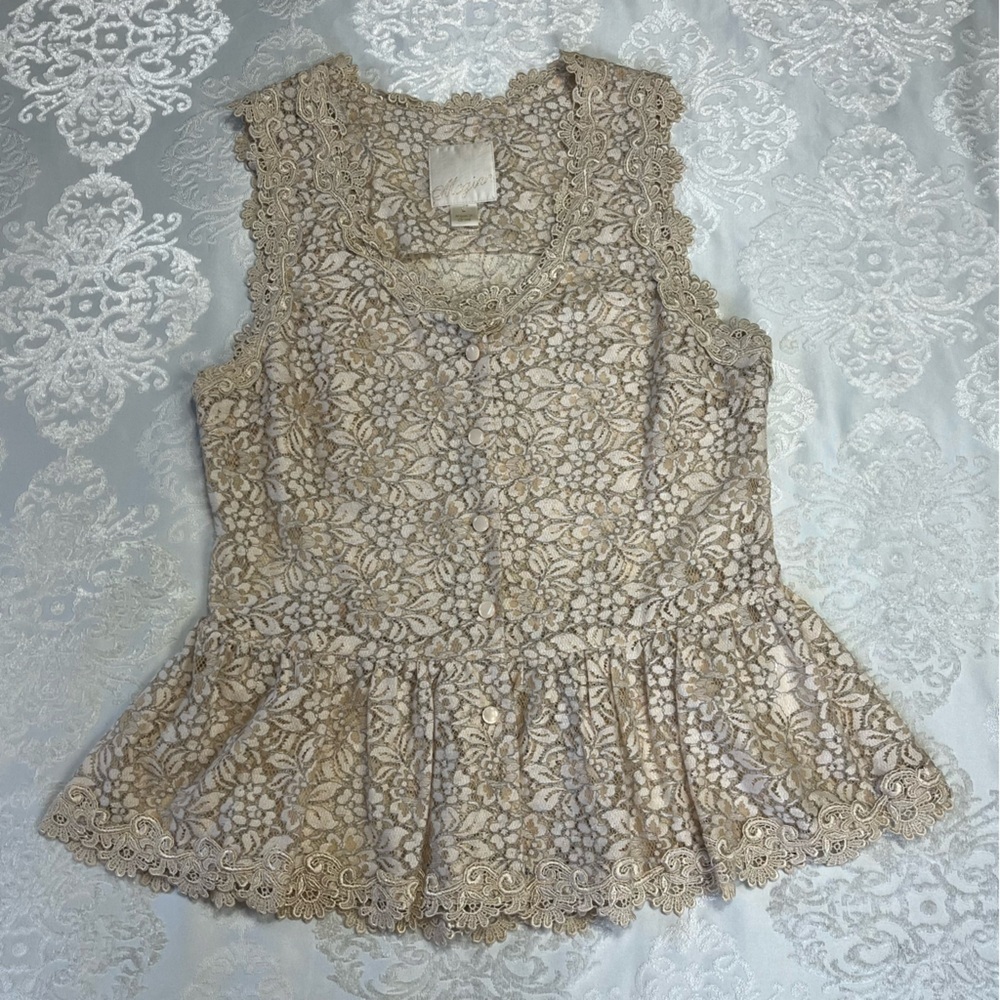 McGinn Anthropologie Lace Peplum Button Front Cottagecore Blouse Size Large